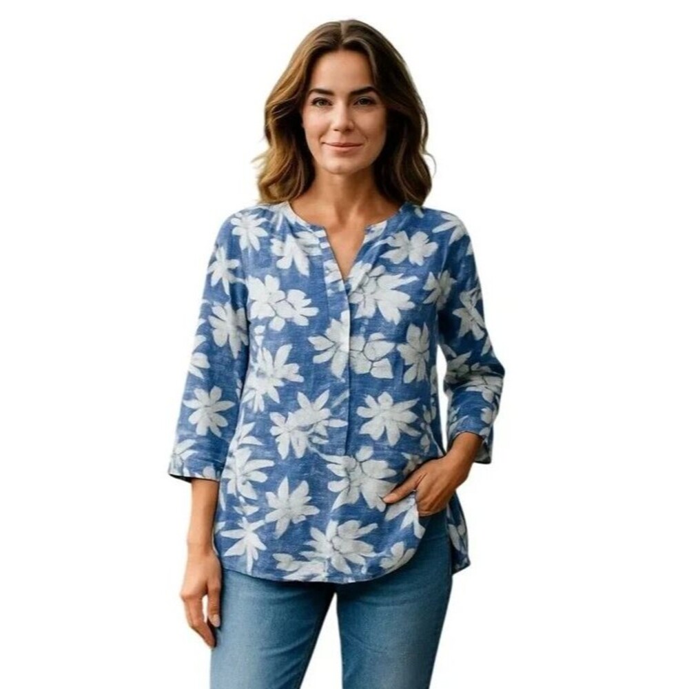 Emily Daniels‎ Women's Lightweight Floral Button Up 3/4 Sleeve Tunic Top  Size M
